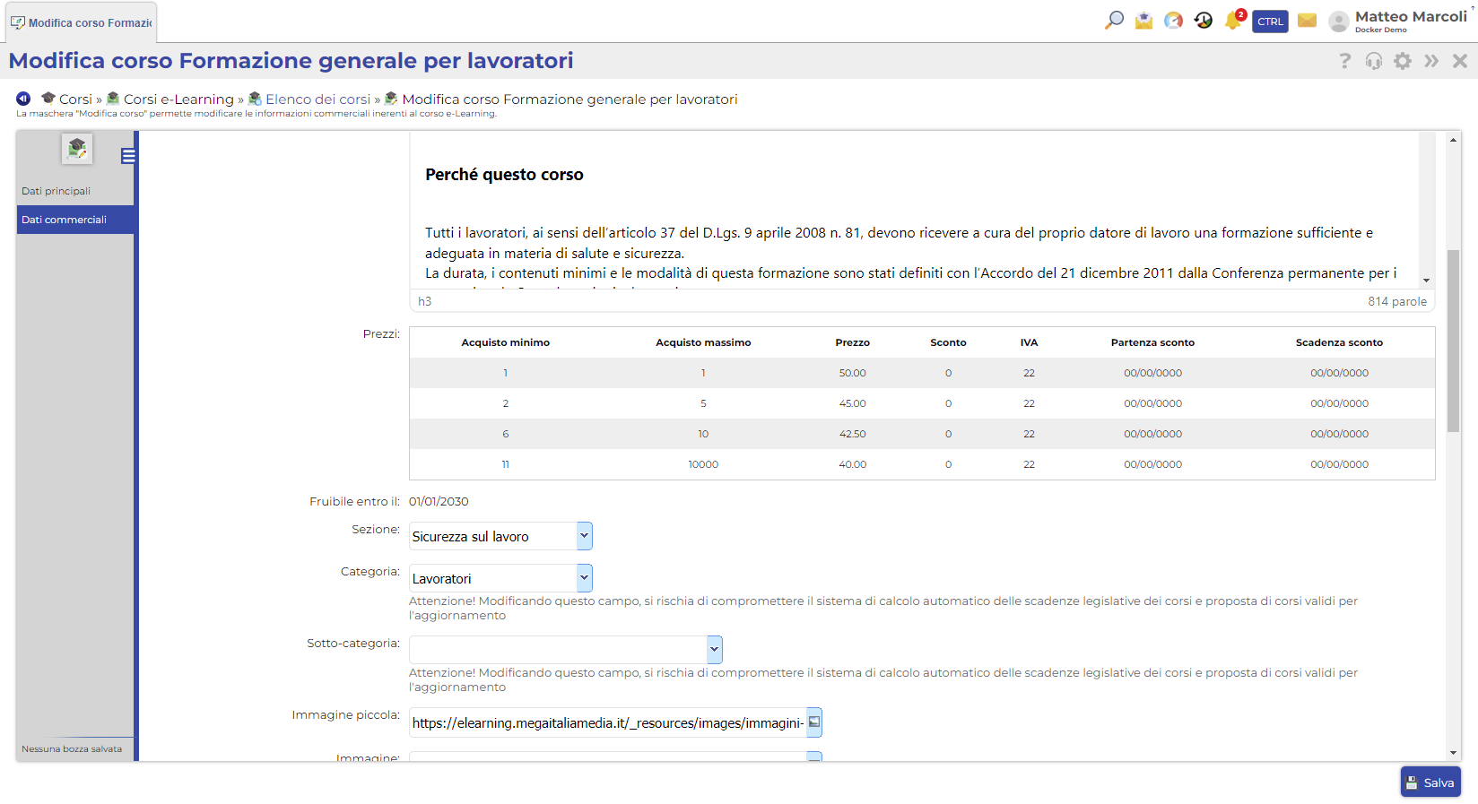 Tab di modifica corsi