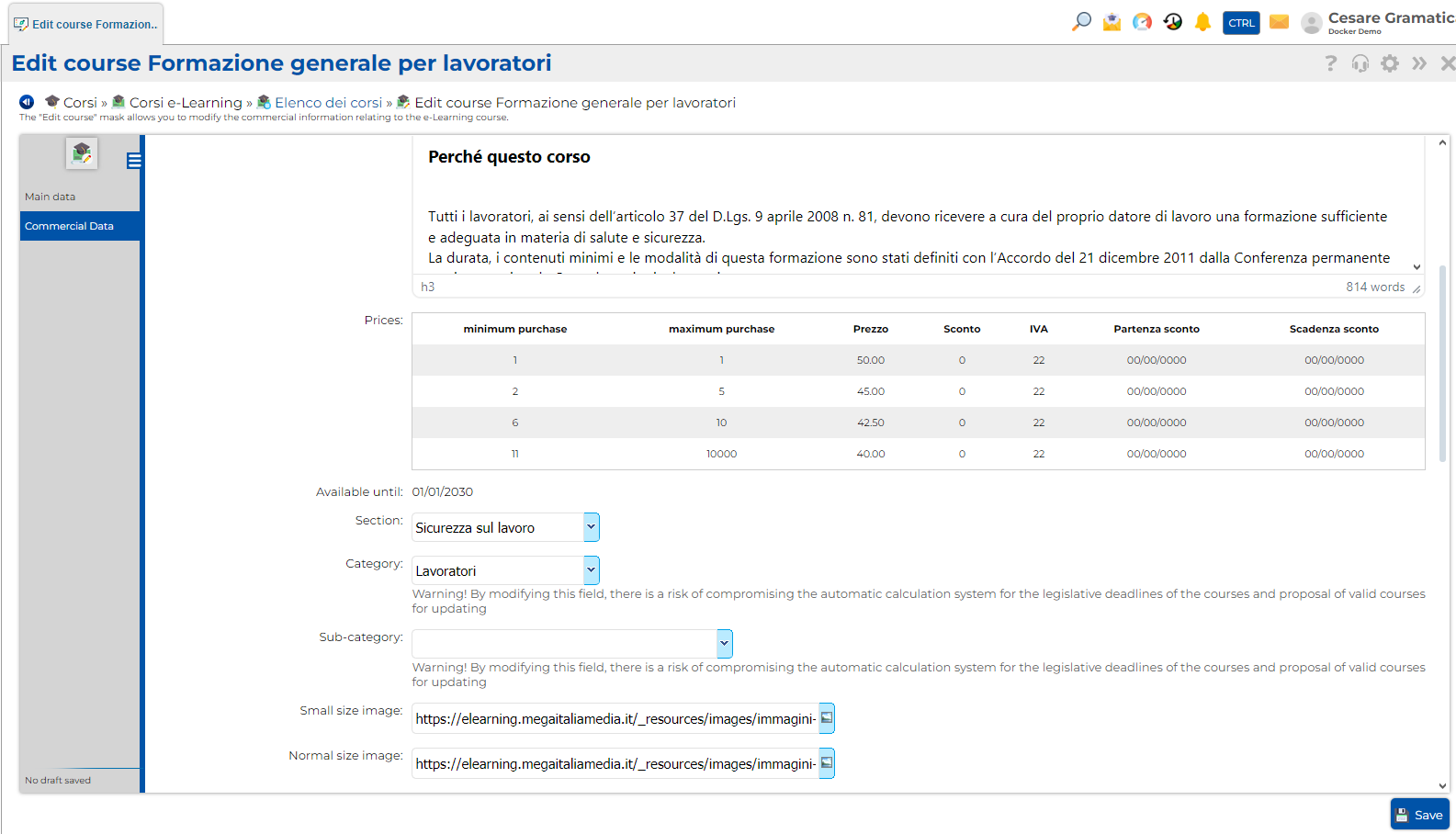 Tab di modifica corsi